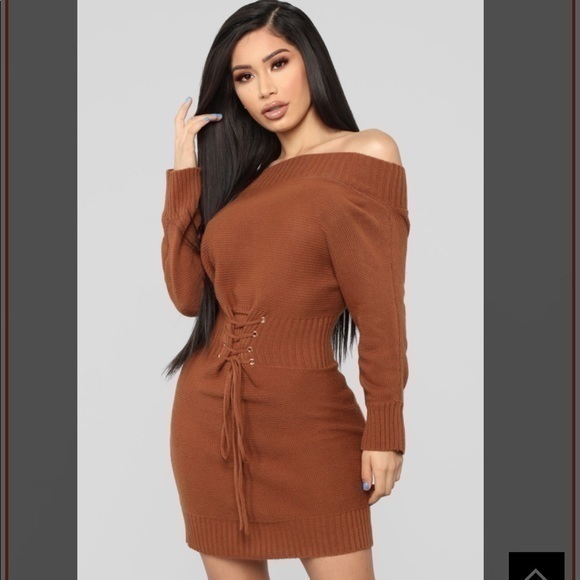 Mustard sweater Dress - long sleeve Off Shoulder - Picture 2 of 8